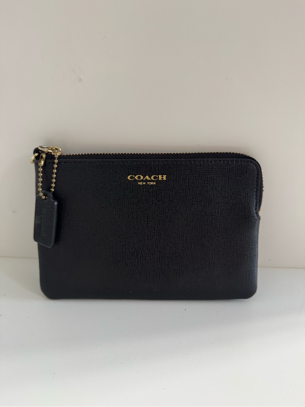 Coach Black Leather Zip Card Case with Gold Logo